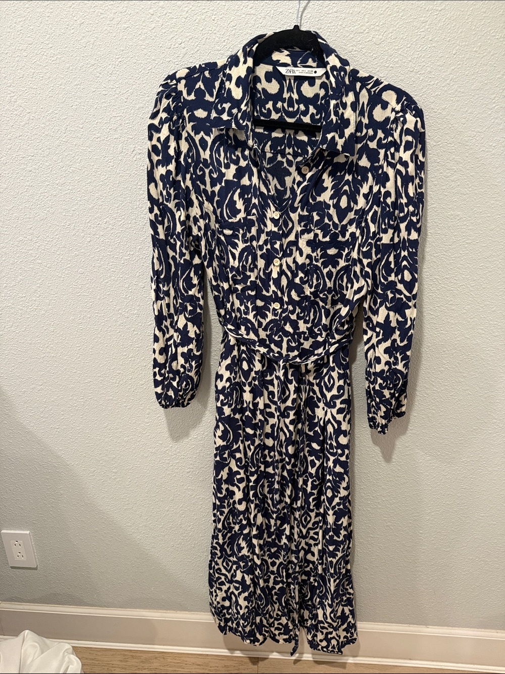Zara Navy and White Long Sleeve Printed Shirt Dress